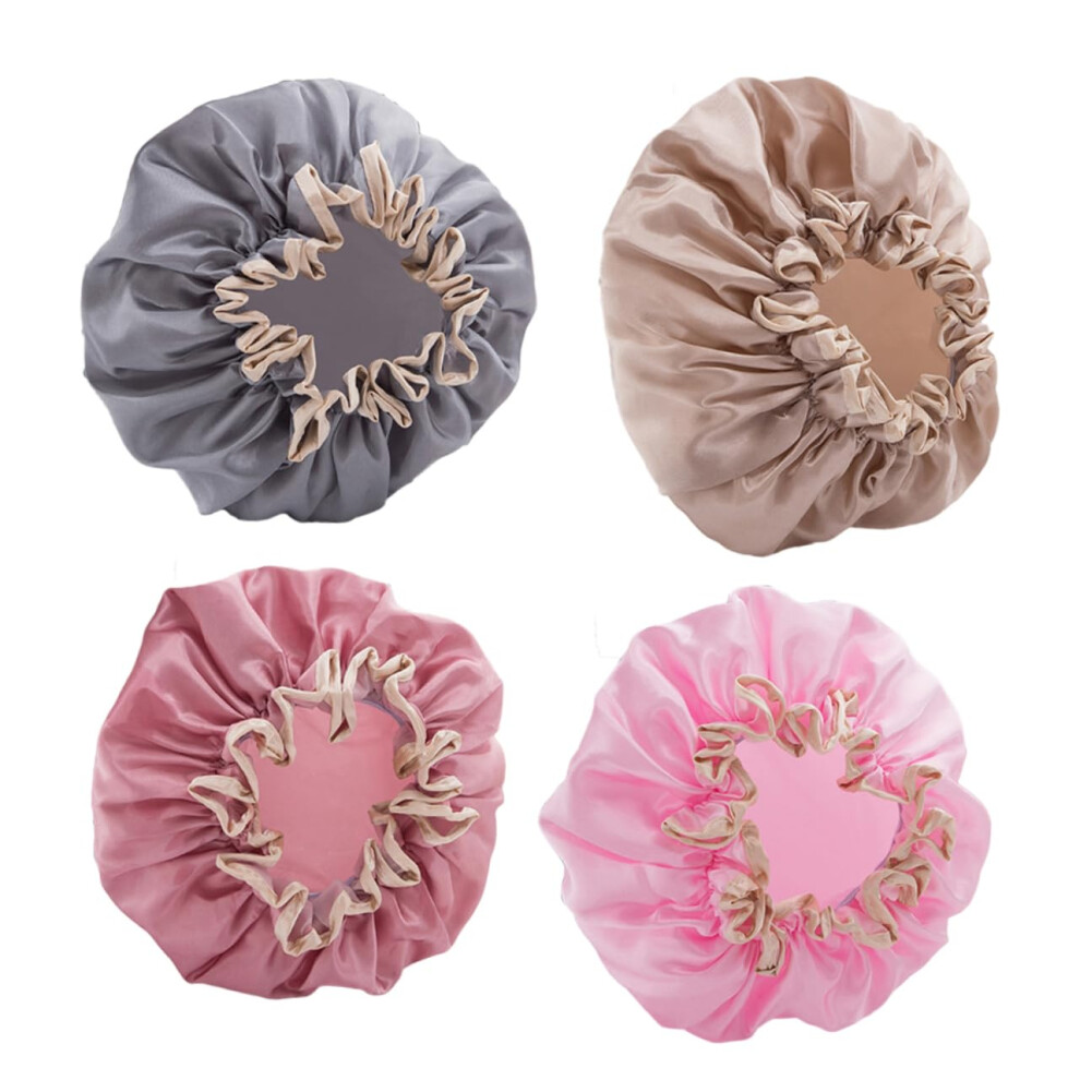 Double Layer Shower Caps 4Pcs Reusable Hair Protective Caps For Women Pink Gray Dusty Color For Hair Styling And Spa