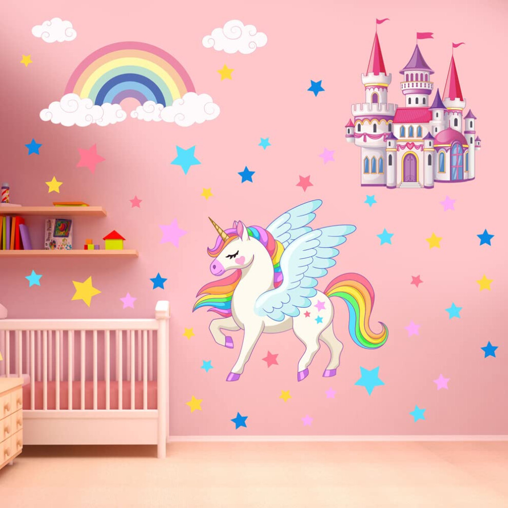 Unicorn Castle Wall Stickers for Girls Room, Rainbow Star Decals, Nursery Bedroom Decor, Removable Vinyl, 24x36 Inches