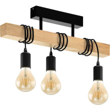 Lustre suspendu industriel, idéal pour la cuisine et la salle à manger, en bois massif naturel et acier, 3 flammes, culot E27, décoration