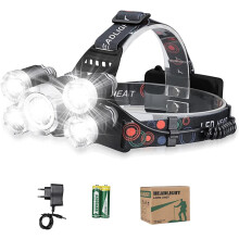 Stirnlampe mit ultraheller LED, USB-aufladbar, 12000 Lumen, 5 LEDs, Arbeitsleuchte, zoombar mit vier Modi und roter Warnleuchte