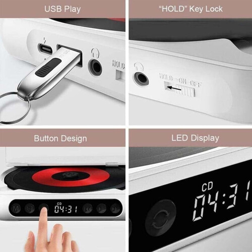 Portable Bluetooth CD Player Rechargeable with HiFi Speakers LCD Screen CD/AUX/USB White 1