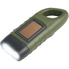 Håndsvingende solcellelampe, genopladelig nød-LED-lommelygte med dynamokarabinhage, ergonomisk og robust design, slagfast