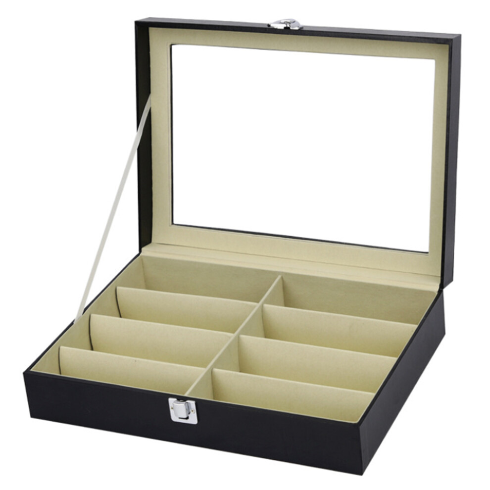 Portable Sunglasses Organizer, Wooden PU Leather Eyeglass Display Case with Scratch-Free Felt Lining, Clear Acrylic Lid, Multi-Slot Storage for Sungla