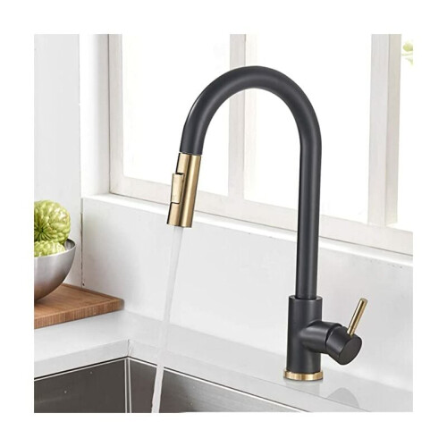 Luxurious Black And Gold Kitchen Faucet, Solid Stainless Steel Construction With Pull Down Sprayer For Modern Kitchens