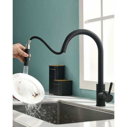 Sleek Design Kitchen Faucet, Black Matte Finish with Pull Out Sprayer, Two Water Modes for Versatile Use, Solid Brass Build for Durability 1