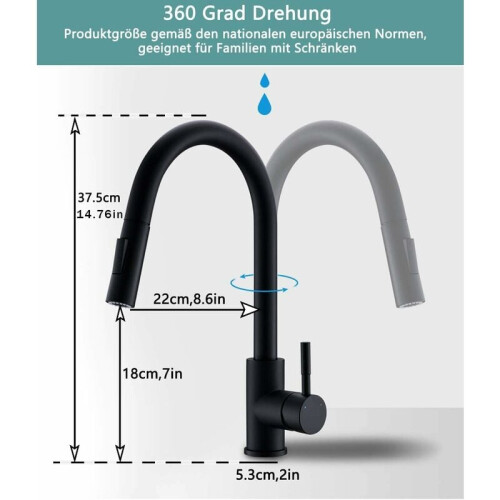 Sleek Design Kitchen Faucet, Black Matte Finish with Pull Out Sprayer, Two Water Modes for Versatile Use, Solid Brass Build for Durability 2