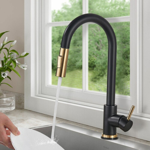 Luxurious Black And Gold Kitchen Faucet, Solid Stainless Steel Construction With Pull Down Sprayer For Modern Kitchens 1