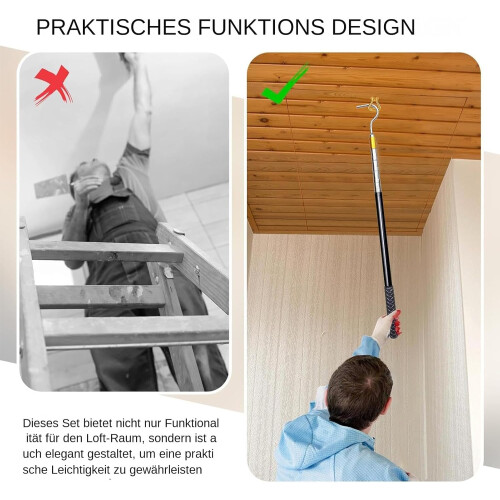 Loft Ladder Pull System Kit, Extension Pole with Hook, Handle, Parts Tool 1