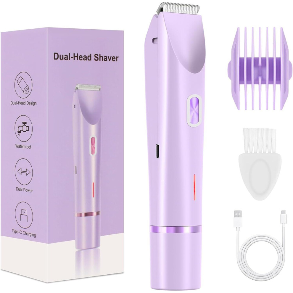 Purple Women Electric Dual Head Shaver 2In1 Bikini Trimmer, Waterproof Rechargeable Razor, Wet And Dry Use,