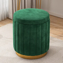 Round Velvet Storage Ottoman - Green Upholstered Foot Rest Stool with Gold Base, Large Capacity Vanity Chair, 34x34x45cm
