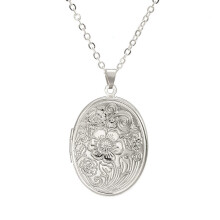 Vintage Engraved Flower Locket Pendant Necklace Oval Heart Locket Photo Pendant Necklace Memory Jewelry Oval Flower Silver