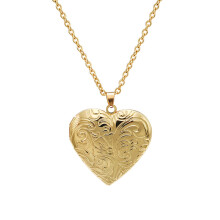 Vintage Engraved Flower Locket Picture Pendant Necklace Oval Heart Locket Hold Photo Picture Pendant Necklace Memory Jewelry Heart Gold