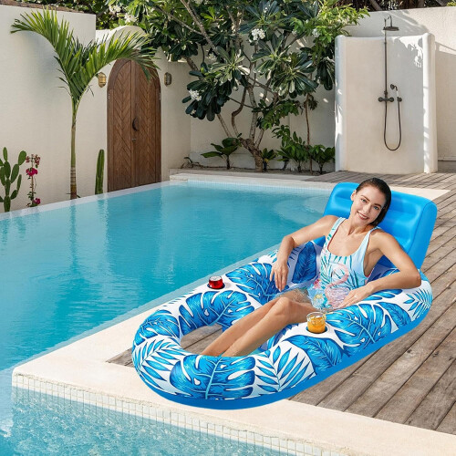 Pool Swimmer, Pool Float Lounger, Inflatable Maple Leaf, MultiPurpose, Compact, For Vacation, Tanning Outdoors, Lakeside, Blue 2