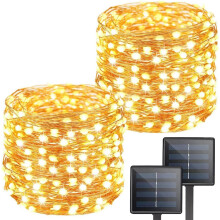 Solcellsljusslinga för uteplats, vattentäta utomhusdekorationer, blinkande ljus i varmvitt, 2-pack med 100 LED-koppartråd med snabbladdning