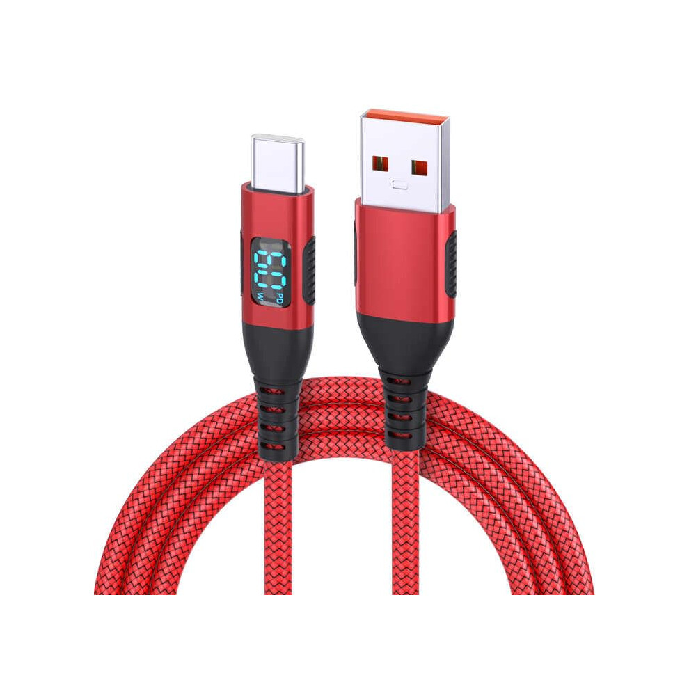 Braided Usb Cable With Led Display, 60W Pd Fast Charging, 1 Metre Usbc To Usba, Red 9412369176370