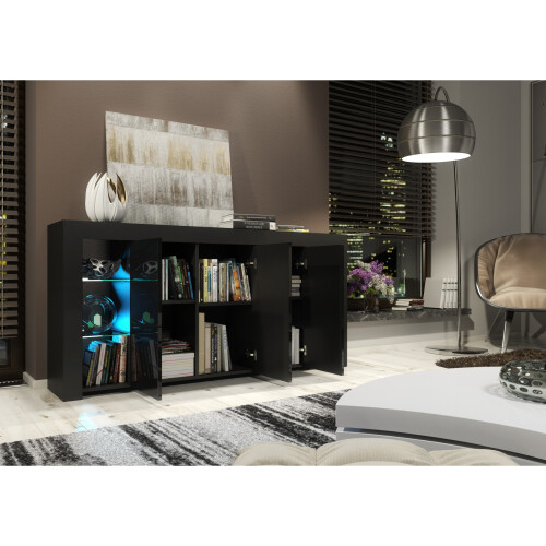 Sideboard 164cm Eden - Black with Gloss Doors and LED Lights 2