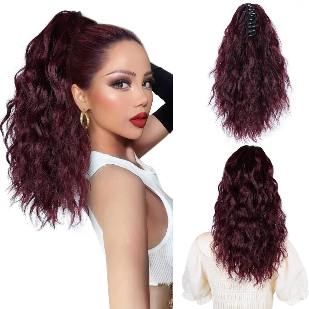 Burgundy Ponytail Extensions With Claw Clip, 14Inch Soft Synthetic Hair Ponytail Hairpiece For Women