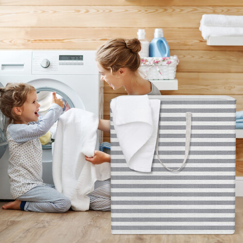 Space Saving Laundry Basket Foldable Dirty-Gray white striped b 2