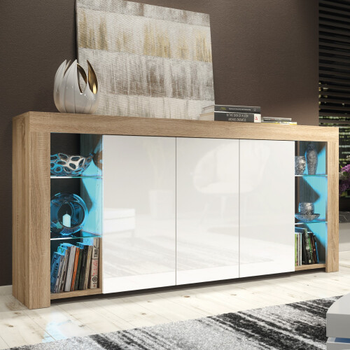Sideboard 164cm Eden - Oak & White Gloss Doors and LED Lights