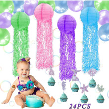 Jellyfish Paper Lanterns, Safe Materials, 24PCS Reusable ECO Friendly Premium Material Under the Sea Theme Birthday Decorations, Easy to Use for Girls
