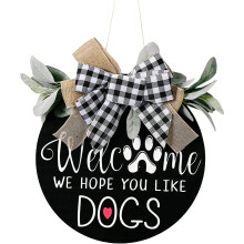 Dog Lover Gifts, Modern Rustic Design Eucalyptus Wreath Welcome Sign, Sturdy Rope Hanger for Pet Friendly Homes (12")