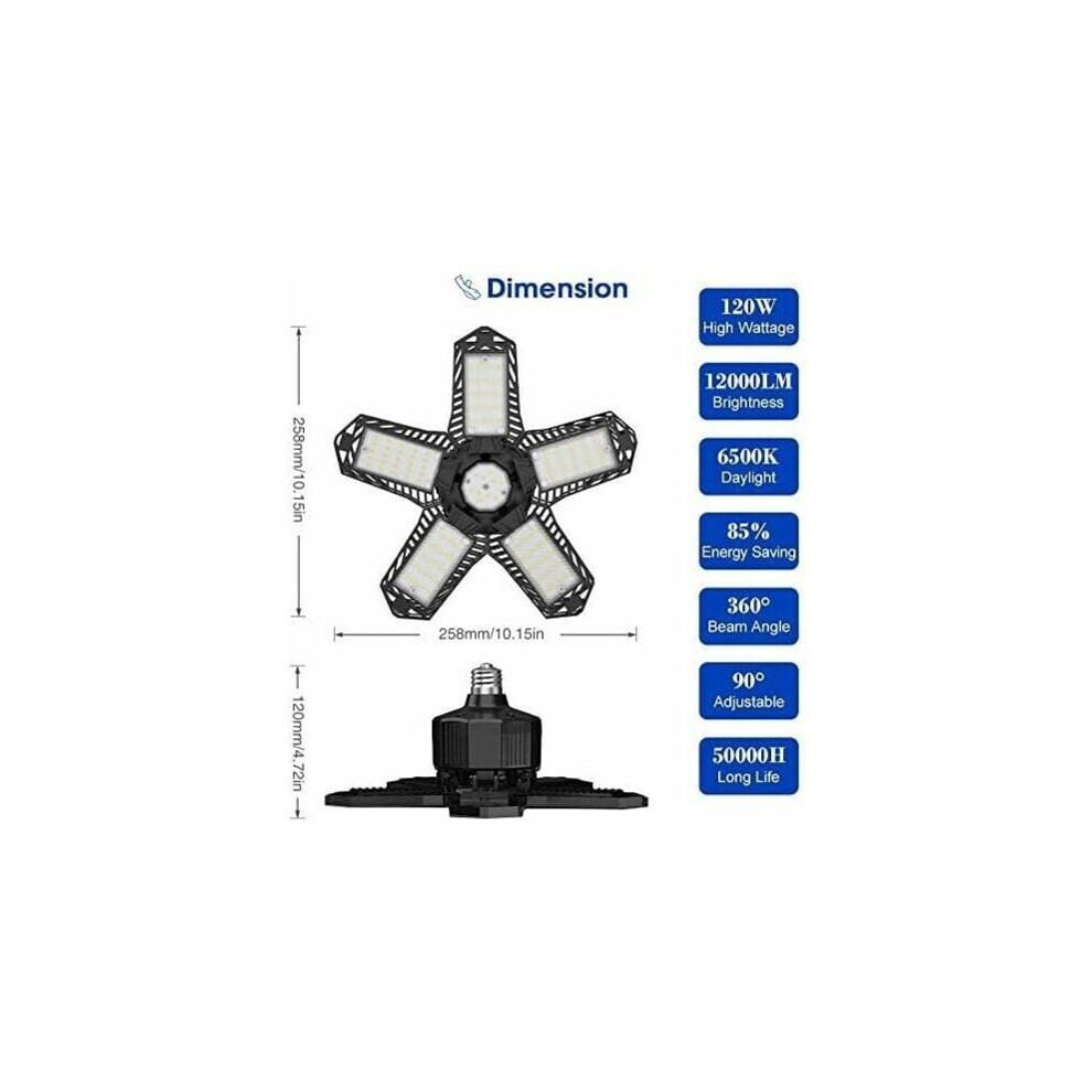 Ultra-Bright Led Garage Light, Adjustable Panels For 360 Coverage, 120W 12000 Lumens Deformable Super Bright Garage Lamp, Work Shop Light With 9128293372374