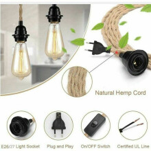 Verlengsnoer van rotan voor hanglamp, industriële vintage hanglamp met stekker - 1,8 m, E26/E27-compatibel, UL-gecertificeerd, jute lampsnoer voor
