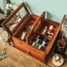 Sewing Box Retrowooden Portable Wooden Sewing Basket With Drawer Type Desktop Storage Box Blue