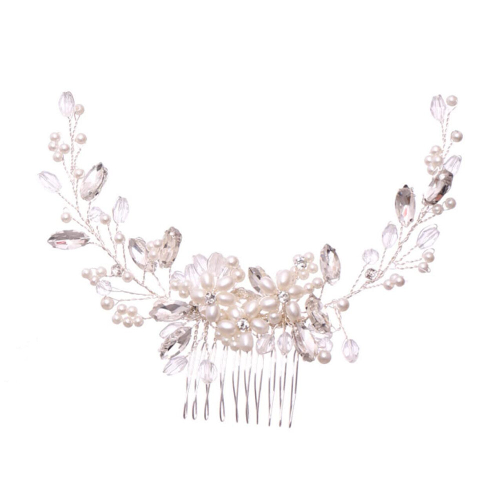 Unisex White Pearl Comb Wedding Hair Accessory With Rhinestones, Side Hair Comb For Bride