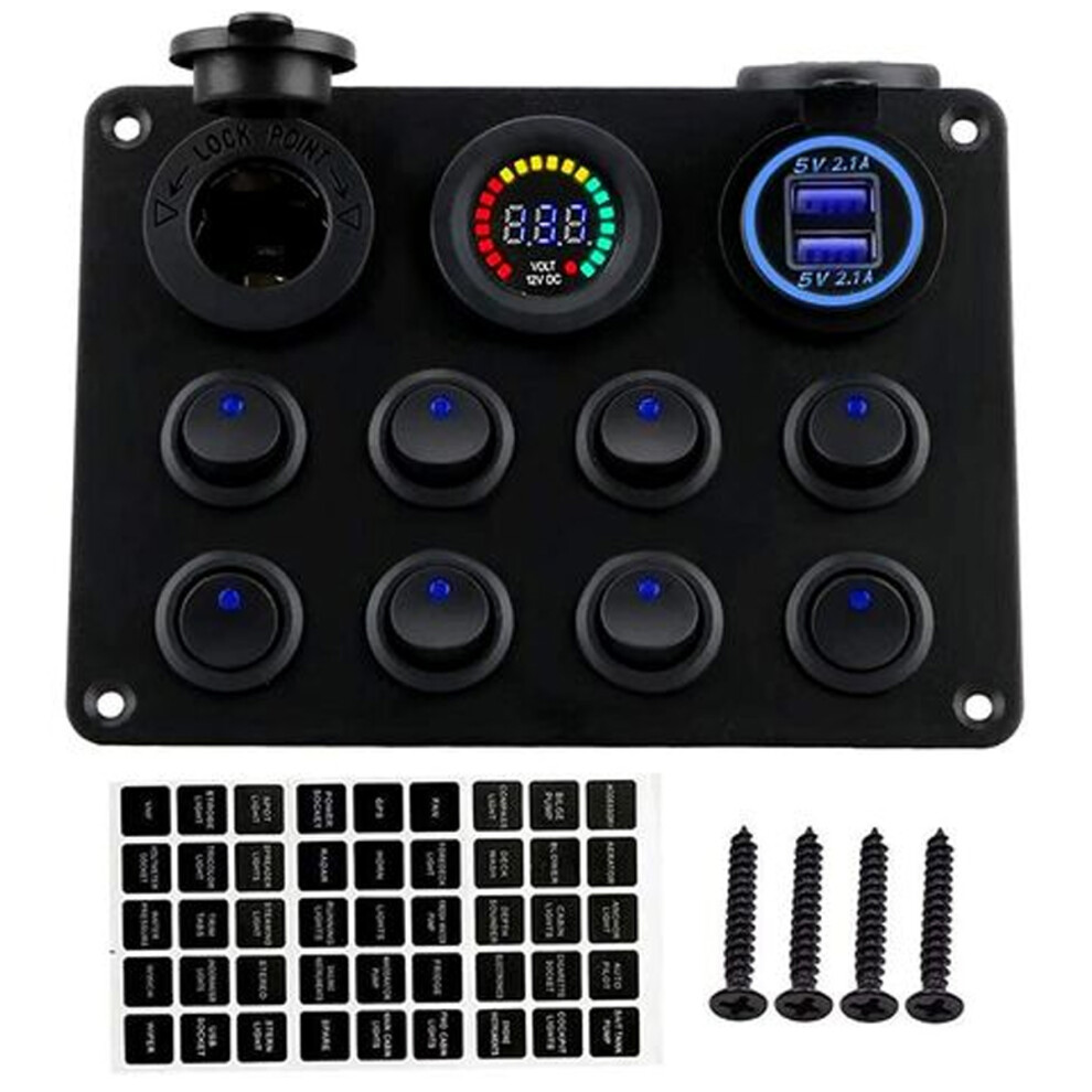 Rocker Switch Panel For Marine, 5 Gang Led, Ip65 Waterproof: Dual Quick Charge Usb Ports, Digital Voltmeter, Independent Toggle Switches, Blue 9340959525591