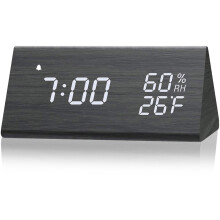 Adjustable Brightness Digital Clock with Natural Wood Finish, Humidity Display LED Alarm Clock Featuring Auto DST and Modern Design, Sound Control Fun