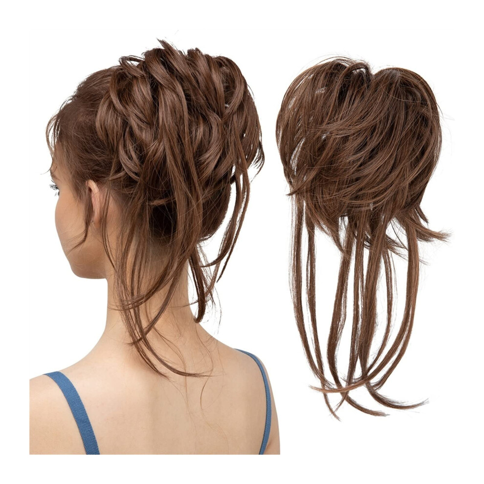 Unisex Brown Hair Bun Chignon Tousled Updo Hair Piece Ponytail Extensions With Elastic Band Curly Scrunchies Light