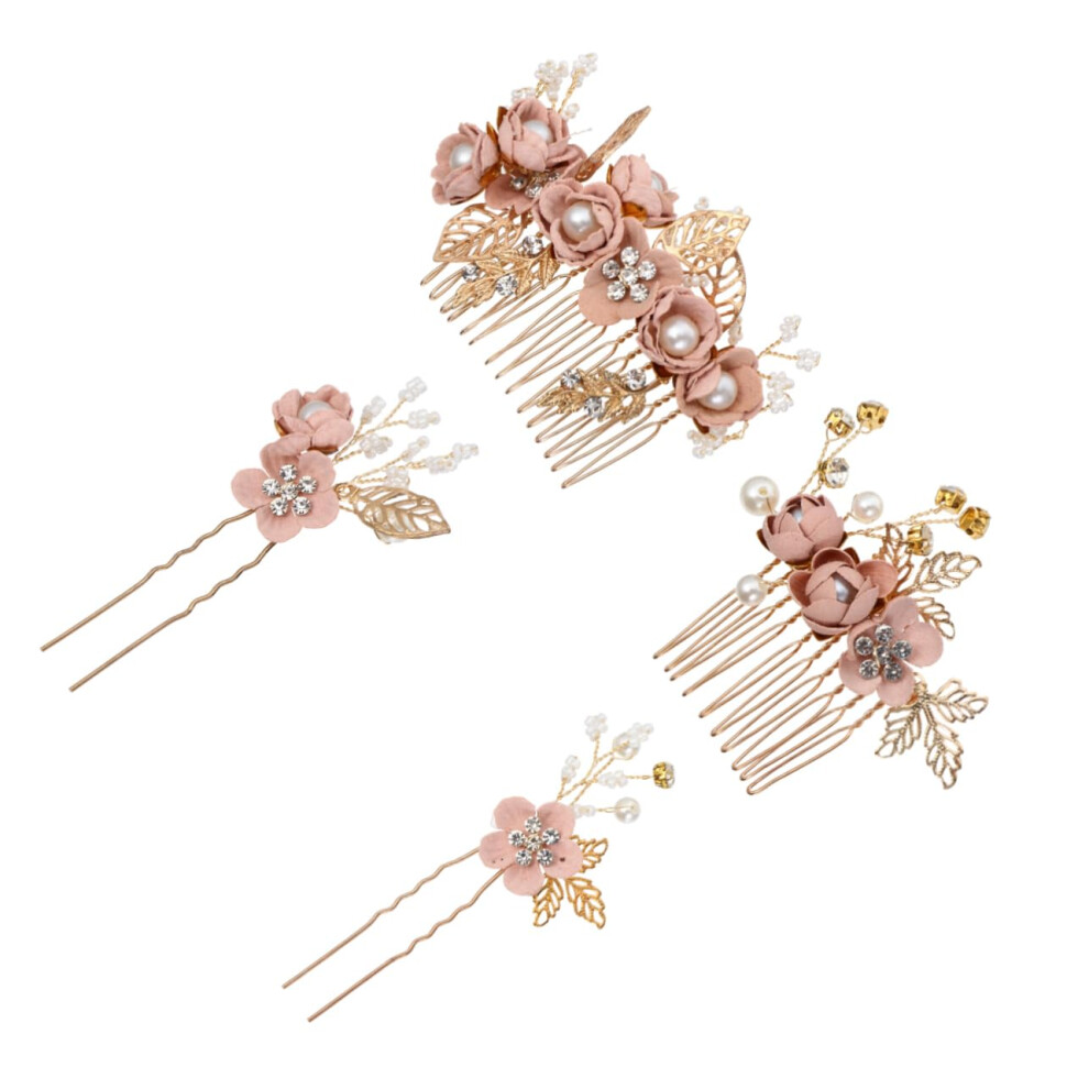 4Piece Floral Comb Hairpin Set, Bridal Flower Headpiece with Pearl Decoration, Wedding Hair Accessories, Pink Alloy Floral Headpiece for Women.