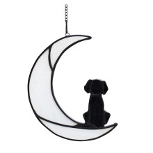Handgefertigter Buntglas-Fensterhänger, Sonnenfänger „Hund auf Mond“ in Kupferfolientechnik, herzliches Geschenk zum Verlust eines Hundes oder