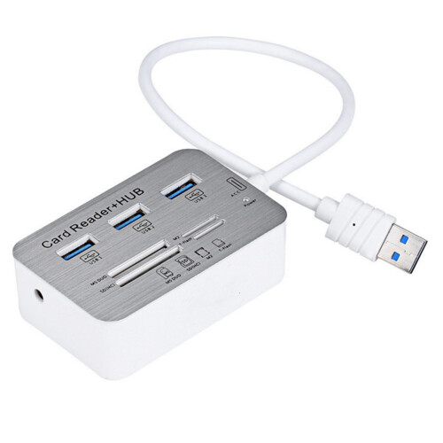 Hub USB 3.0 em alumínio, design elegante para Mac e PC, conectividade multidispositivo hot-swappable.