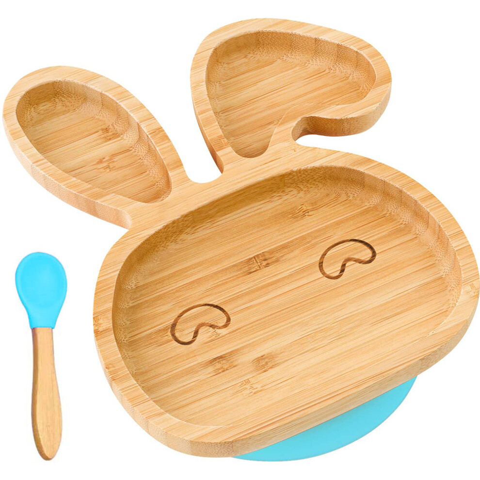 Non-Toxic All-Natural Bamboo Suction Plates, Promotes Independence In Babies, Thoughtfully Designed Compartments Guide Healthy Eating, Blue,