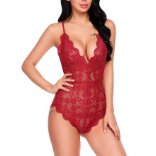 Body de lingerie estilo babydoll para mulheres, com decote em V, renda floral, costas nuas e alças ajustáveis. Ideal para momentos românticos.