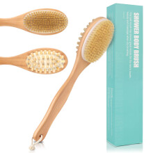 Transformeer je huid met onze dubbele massageborstel. Natuurlijke haren voor nat of droog borstelen, exfolieert en vermindert cellulitis. Antislip