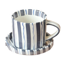 Easy Cleaning Front 5Inch Striped Ceramic Cup and Saucer-Blue