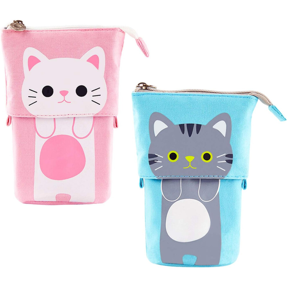 Practical Cosmetics Organizer, Adaptable Canvas Material Cute Cat Theme Pencil Case, Standing Pencil Pouch with Telescopic Design and Zipper Closure