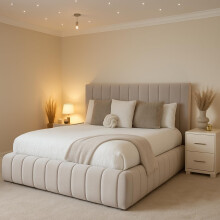5FT King Ottoman Storage Solid Divan Base Bed With Headboard Upholstered In Cream Plush Velvet Bed End Lift