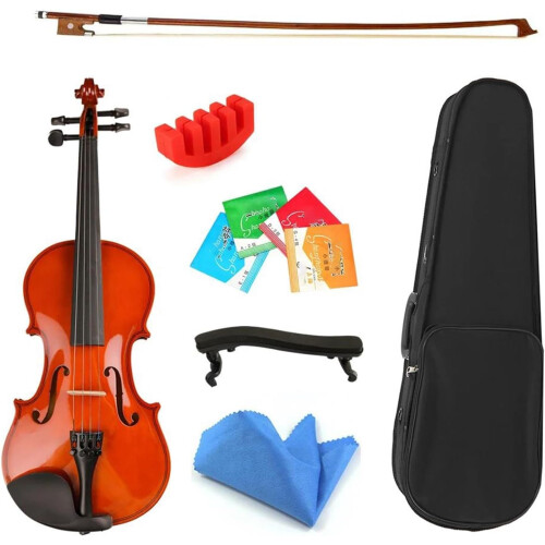 Violin Starter Set Solid Wood Violin Beginner with Case Bow Strings Complete Accessories Violin 4/4 3/4 1/2 1/4 1/8 (3/4) 1