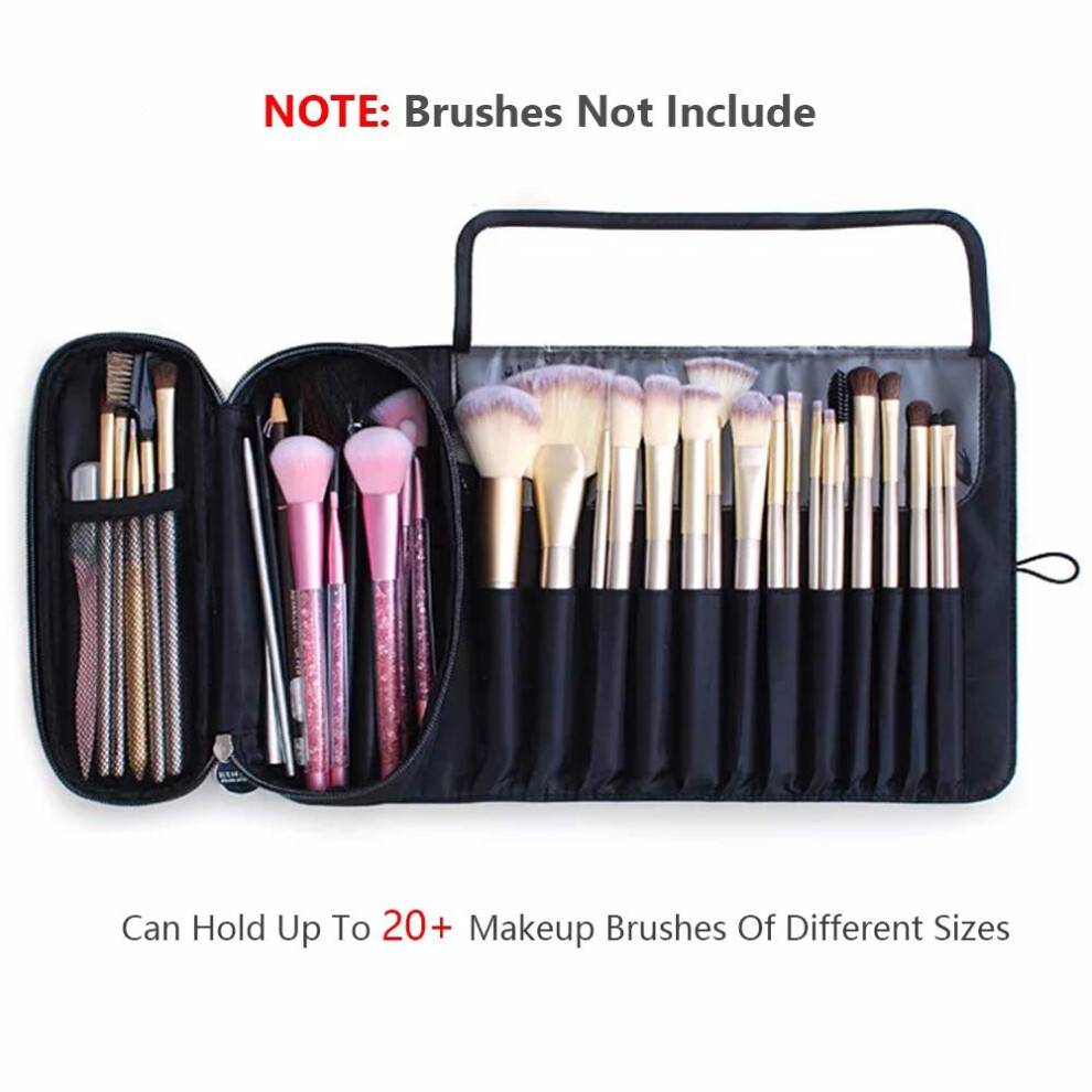 Portable Makeup Brush Organizer for Travel, Compact and Lightweight Roll Up Case with 12 Pockets for 20+ Brushes, Large Capacity Makeup Bag with