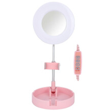 (As show, One size) Retractable LED Circle Light with Mirror 6.3in Round Fill Lamp with Phone Holder for Makeup Live Streaming