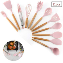 Utensílios de cozinha de silicone resistentes ao calor, com cabos ergonômicos de madeira, antibacterianos e antiaderentes, conjunto de 11 peças