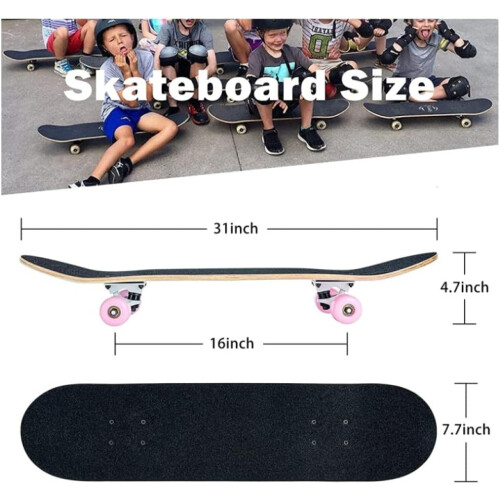 Skateboard 31x8 Inch 7Layer Maple Double Kick Deck Longboard Blue Black White Beginner Friendly 1