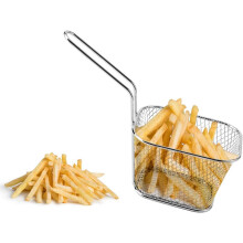 Frittierkorb aus Edelstahl mit langem Griff, ideal für Großküchenausstatter, Restaurants und Hobbyköche, besonders benutzerfreundlich.