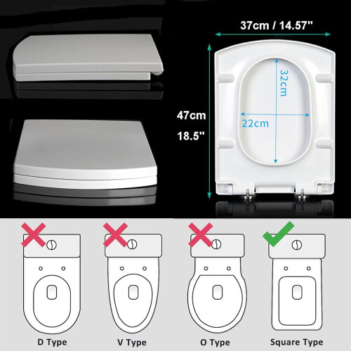 Square Soft Close Toilet Seat with Quick Release, White  Fix Hinges, Easy to Install 2