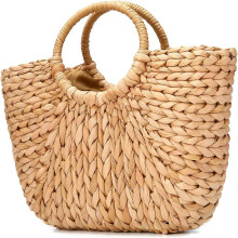 Retro sommarstrandväska för kvinnor, vävd tygväska med rund rottingväska, estetisk, handvävd halmväska i naturlig rottingfiber, unik elegant