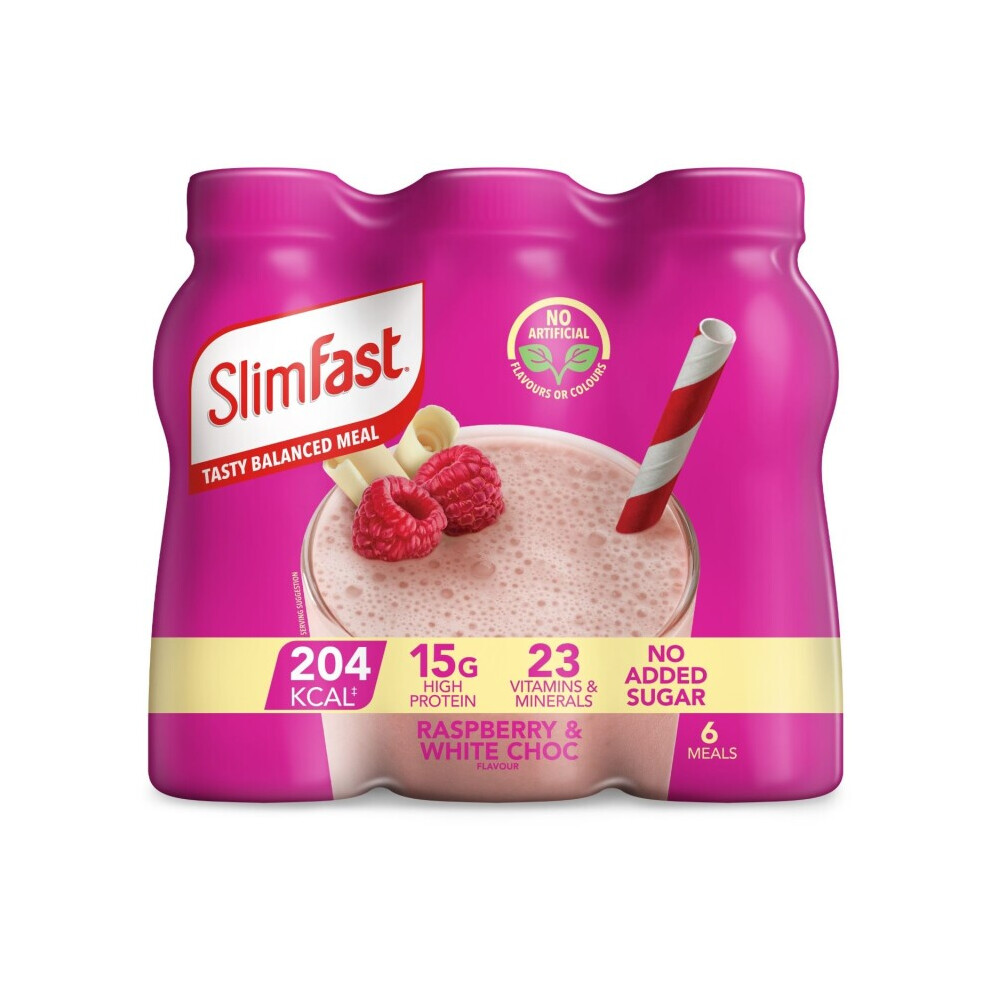 Slimfast Ready To Drink Shake, Tasty, Balanced Shake With 15G Protein, 23 Vitamins And Minerals And No Sugar, Chocolate & Raspberry Flavour, 6 X 325 Ml White